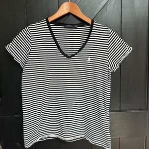 Polo Ralph Lauren Striped V-Neck T-Shirt Black White Pony Logo Womens M Preppy